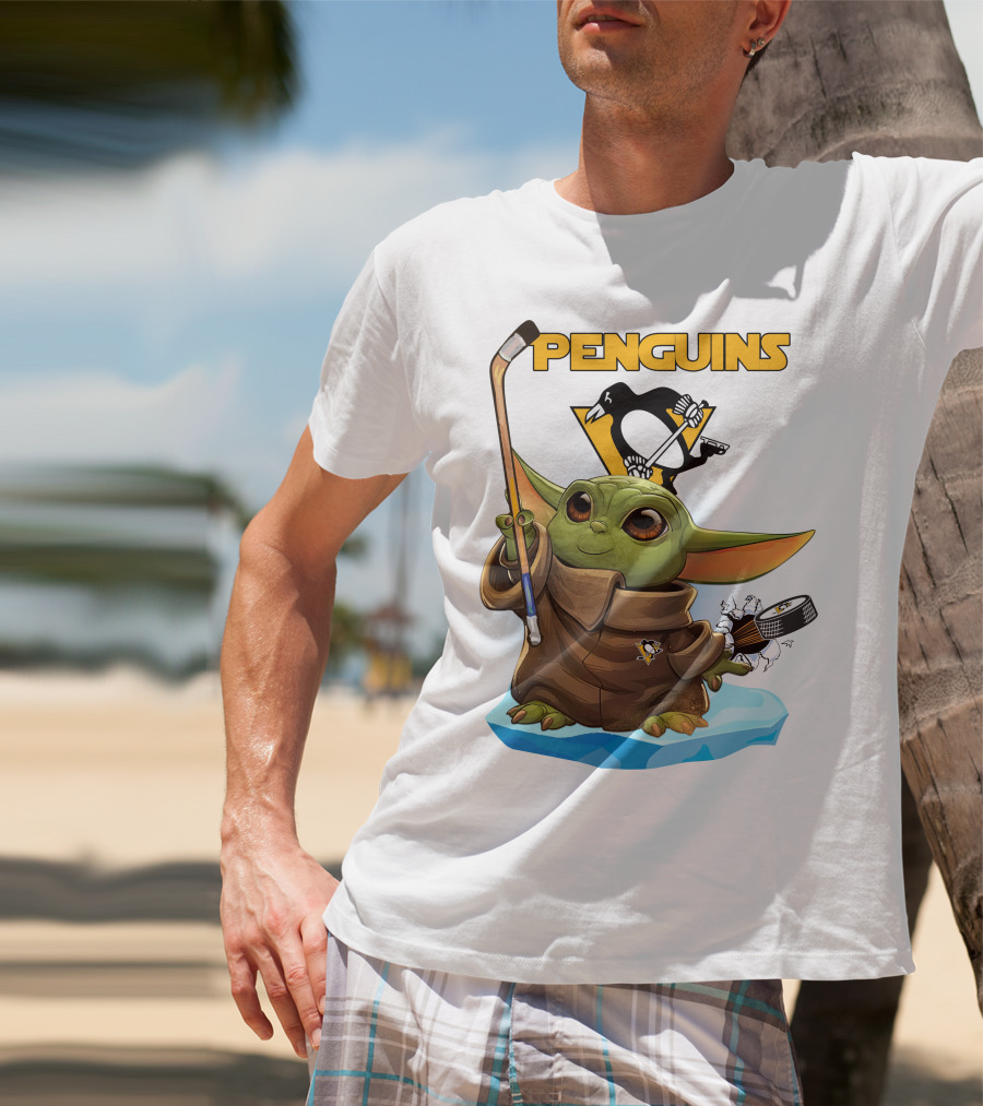 Baby Yoda Penguins Puck And Hockey Stick With Pittsburgh Penguins T-Shirt