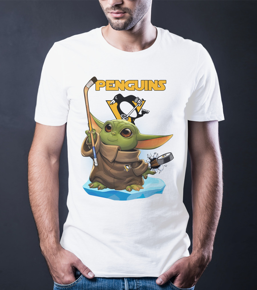 Baby Yoda Penguins Puck And Hockey Stick With Pittsburgh Penguins T-Shirt