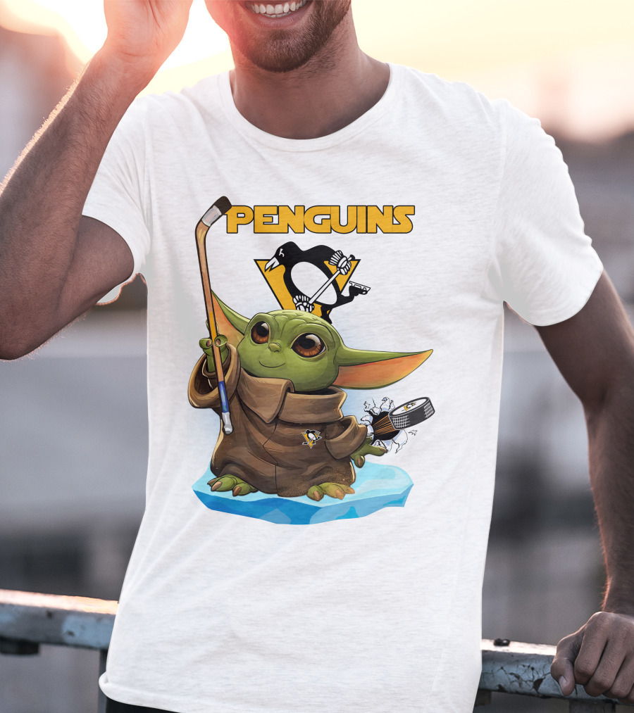 Baby Yoda Penguins Puck And Hockey Stick With Pittsburgh Penguins T-Shirt