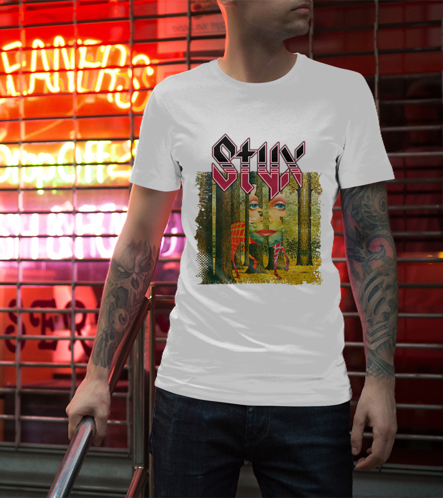 Styx Forest Face With Stylized Red Typography T-Shirt