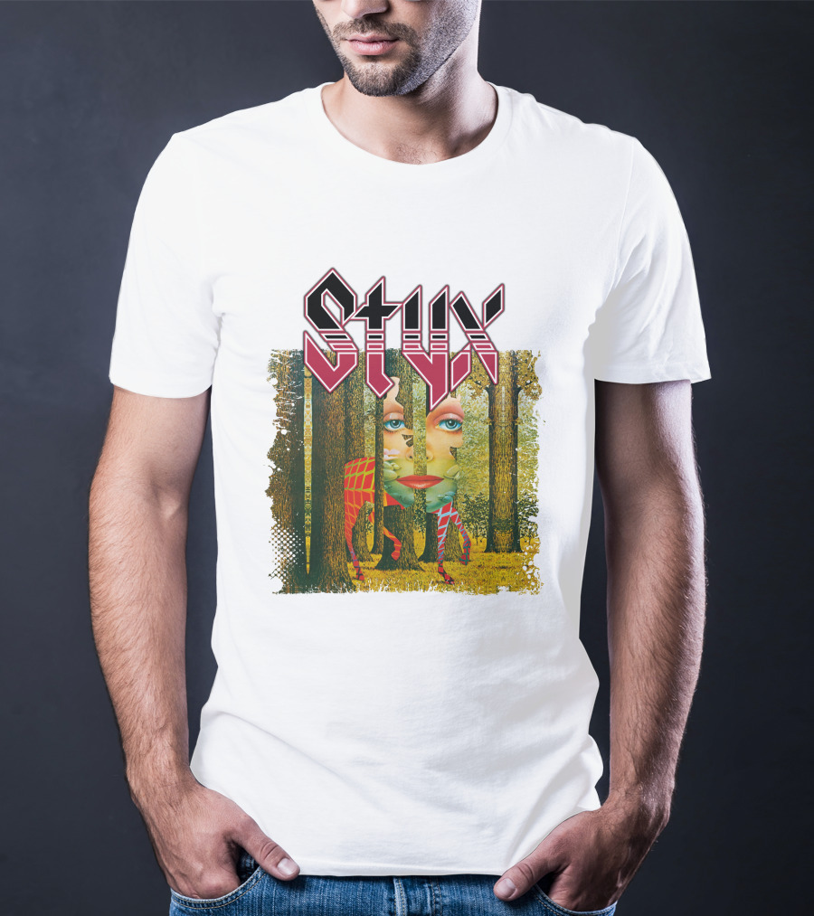 Styx Forest Face With Stylized Red Typography T-Shirt
