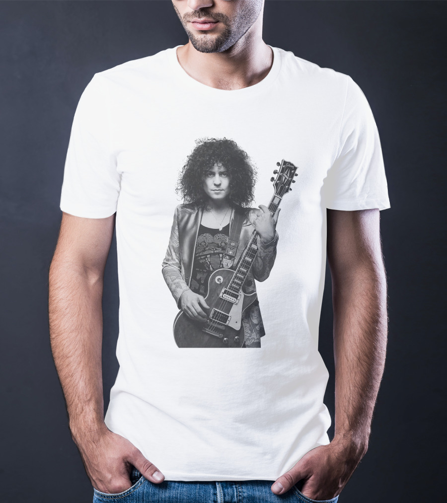 Marc Bolan With Gibson Les Paul Guitar Iconic Black And White T-Shirt