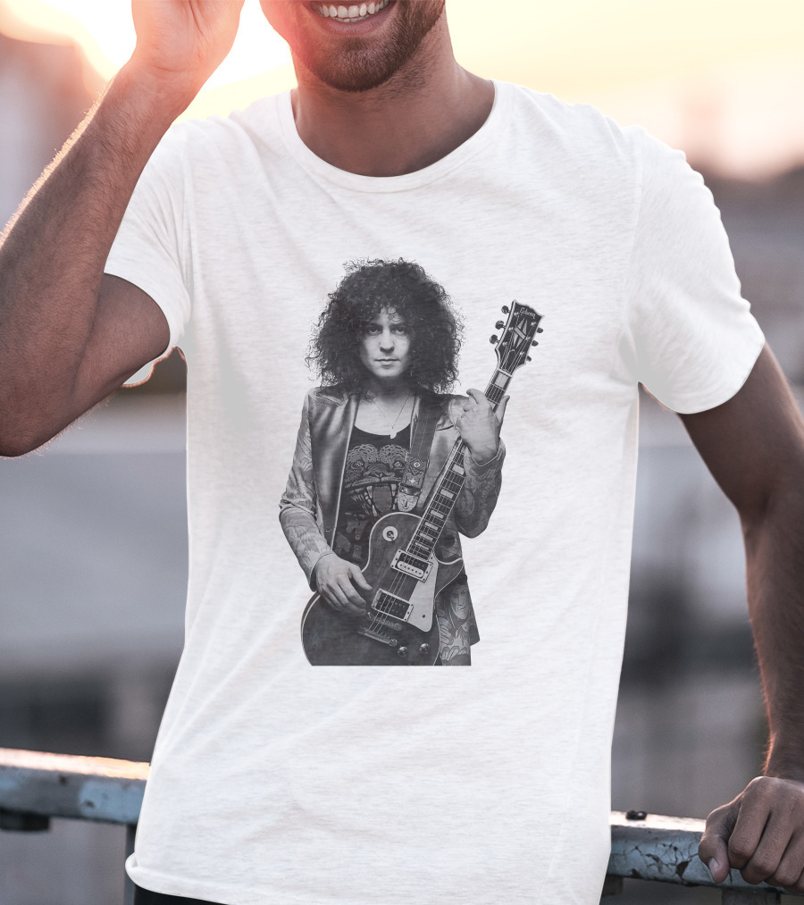 Marc Bolan With Gibson Les Paul Guitar Iconic Black And White T-Shirt