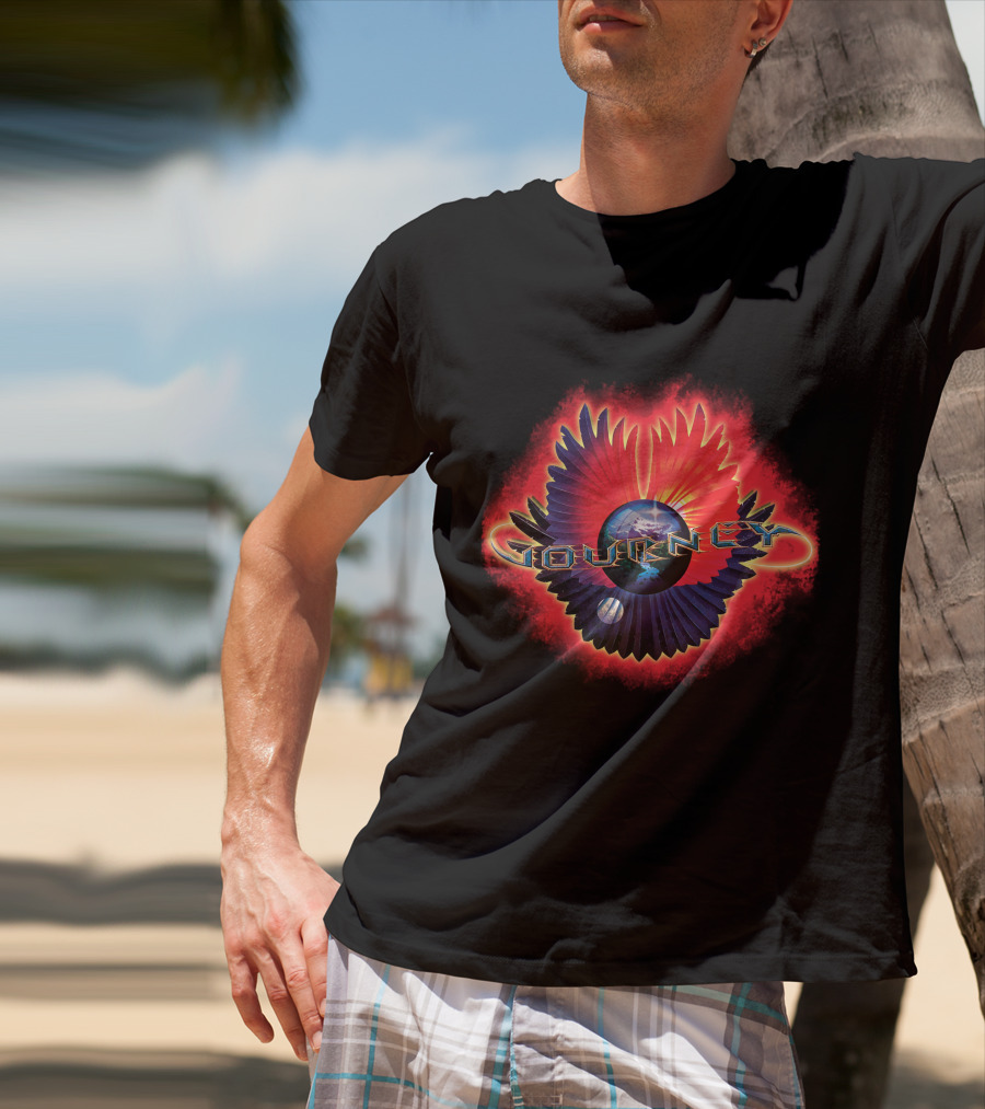 Journey Band Logo With Planet And Red-Blue Wings T-Shirt