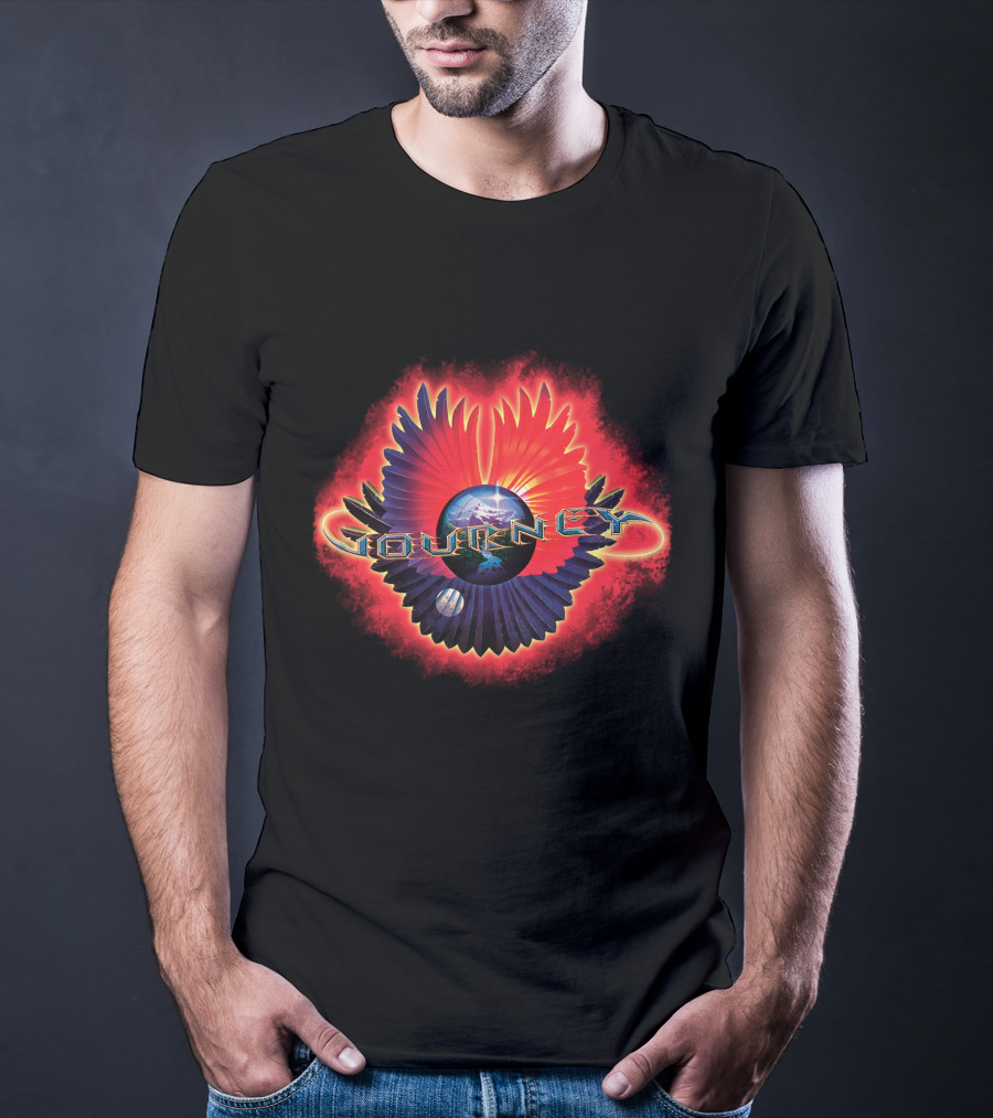 Journey Band Logo With Planet And Red-Blue Wings T-Shirt