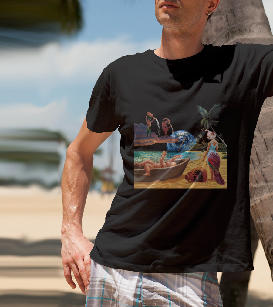 Cosmic Beach Scene With Mermaid And Planet Earth T-Shirt