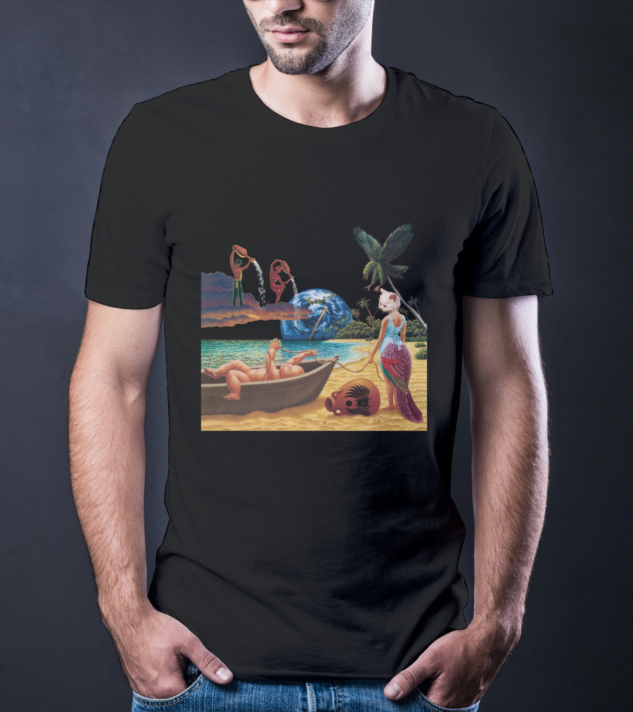 Cosmic Beach Scene With Mermaid And Planet Earth T-Shirt