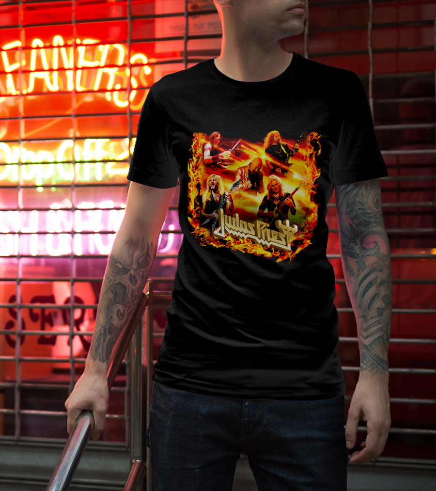 Judas Priest Band Members In Fiery Background Jdpr T-Shirt