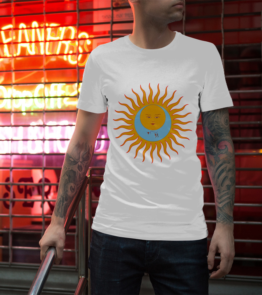 Crimson Red Sun Face Icon On Blue And Orange T-Shirt