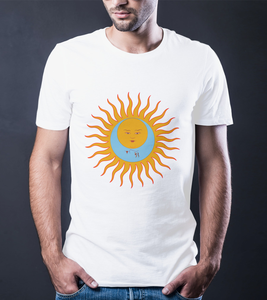 Crimson Red Sun Face Icon On Blue And Orange T-Shirt