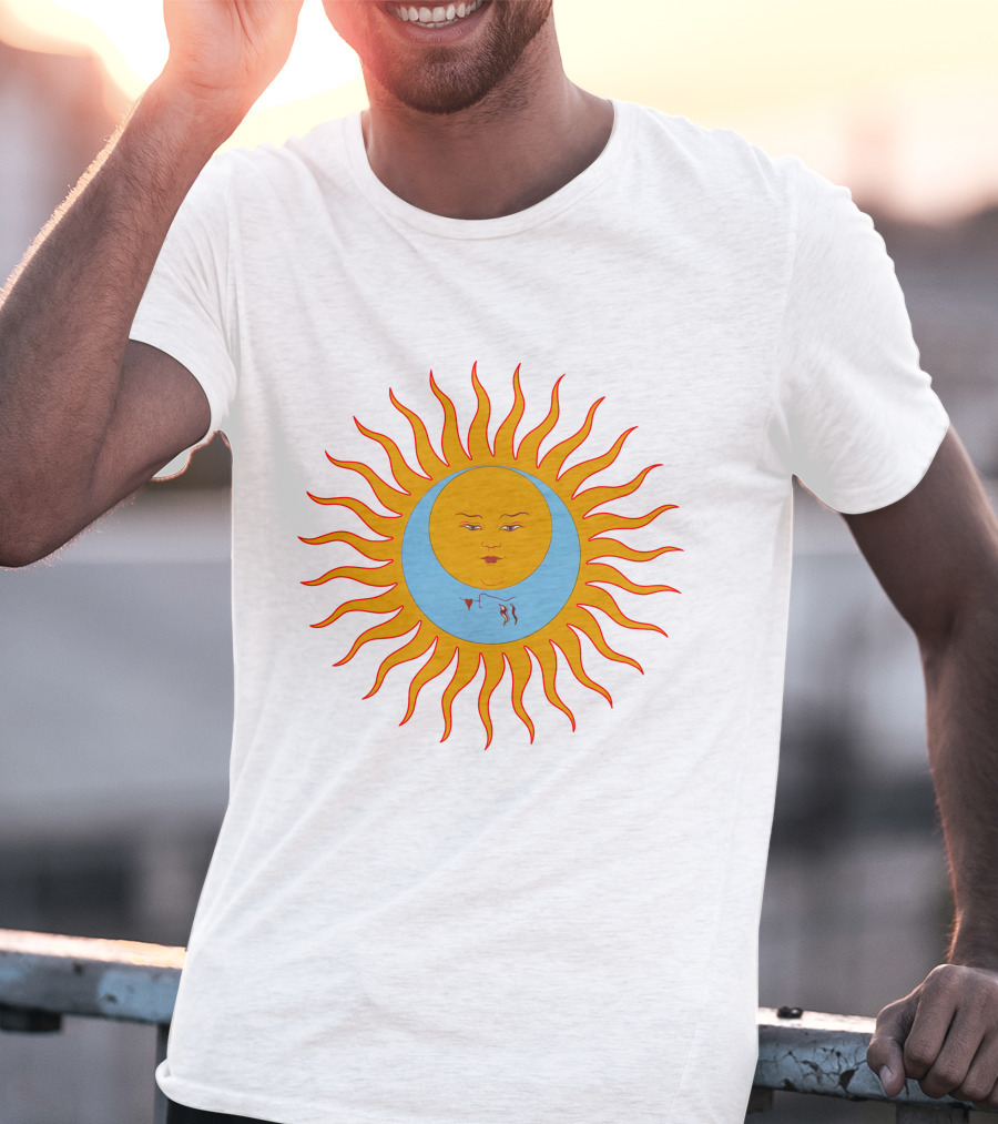 Crimson Red Sun Face Icon On Blue And Orange T-Shirt