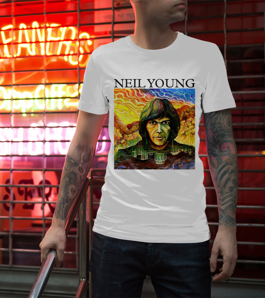 Neil Young Vibrant Portrait And Cityscape Fusion T-Shirt