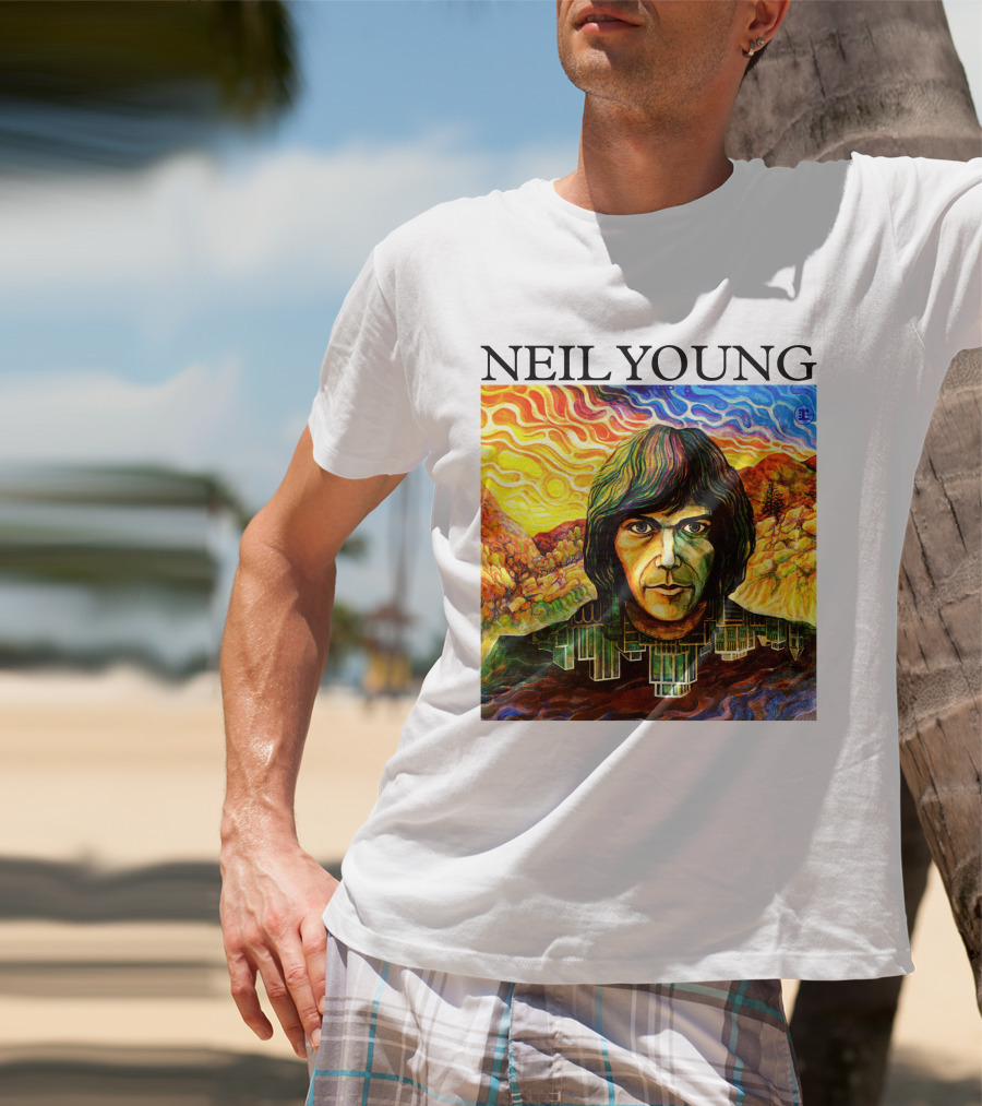 Neil Young Vibrant Portrait And Cityscape Fusion T-Shirt