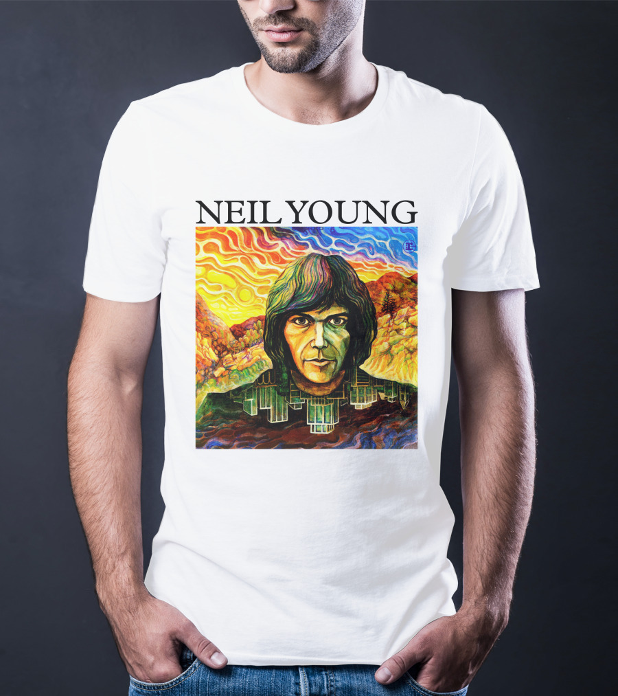 Neil Young Vibrant Portrait And Cityscape Fusion T-Shirt
