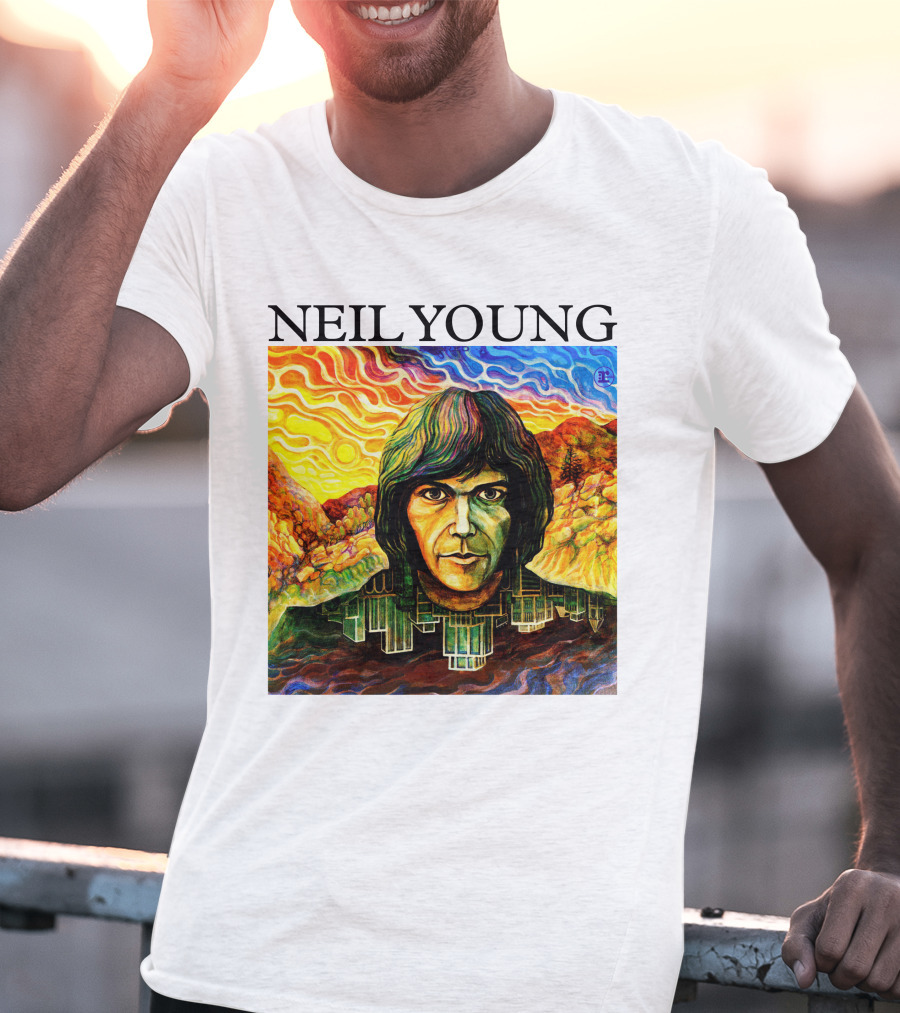 Neil Young Vibrant Portrait And Cityscape Fusion T-Shirt
