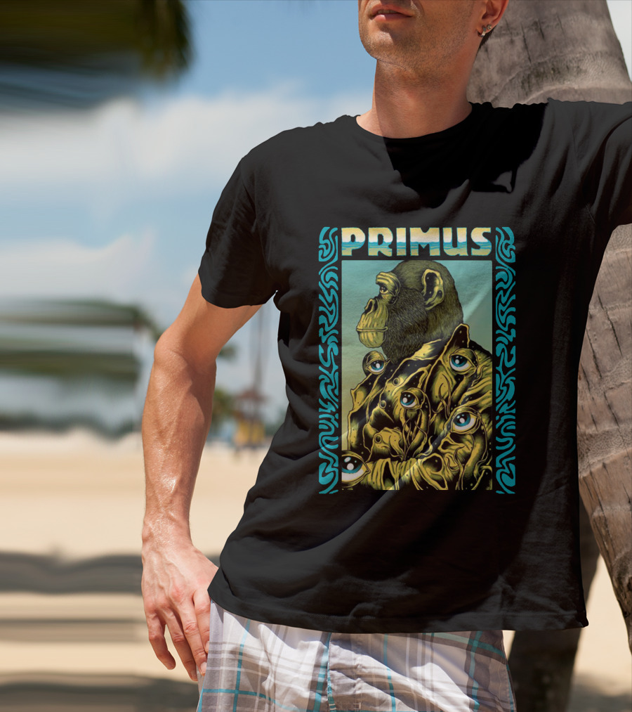 Primus Surrealist Monkey With Eyes And Tribal Border T-Shirt