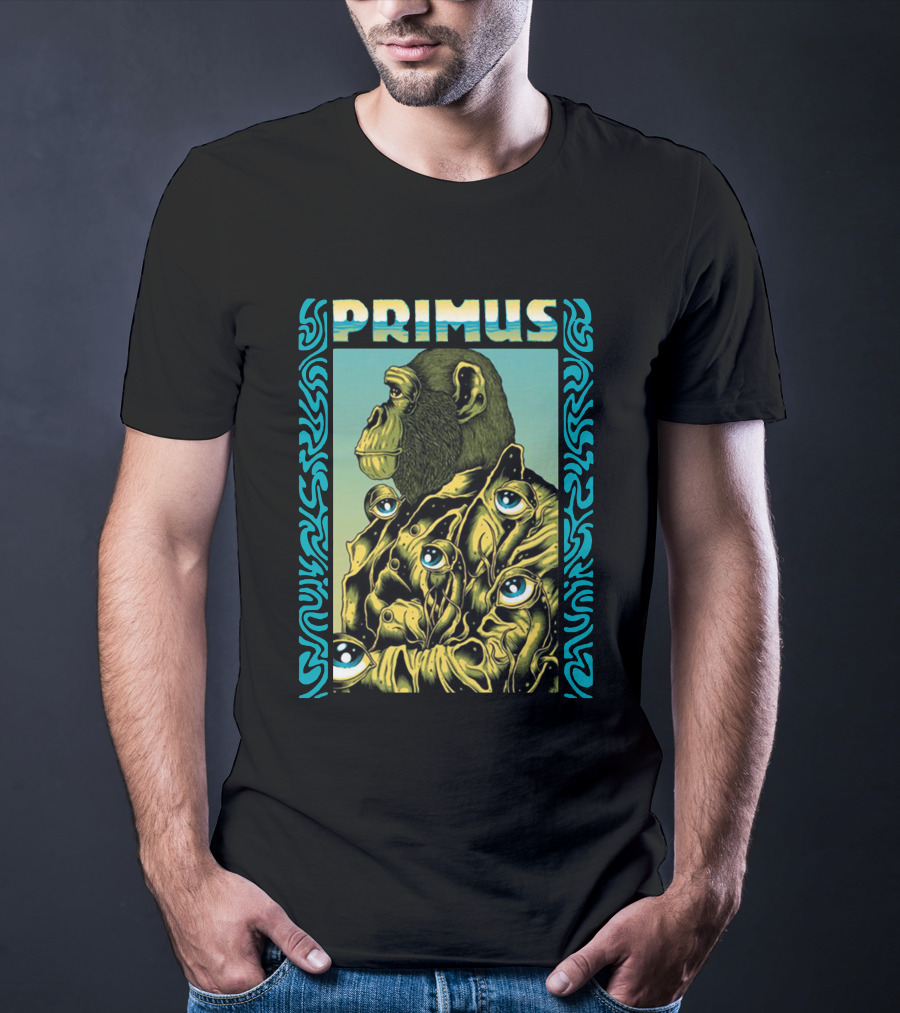 Primus Surrealist Monkey With Eyes And Tribal Border T-Shirt