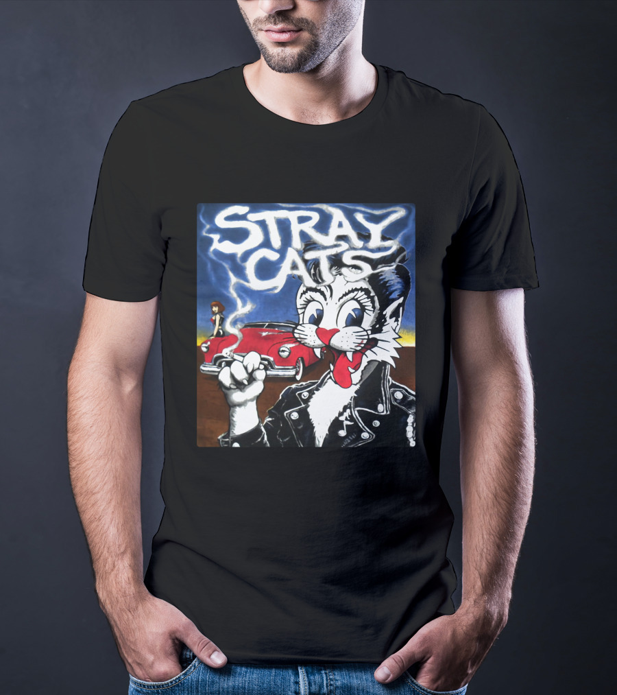 Stray Cats Rockabilly Cat And Classic Car Scene T-Shirt
