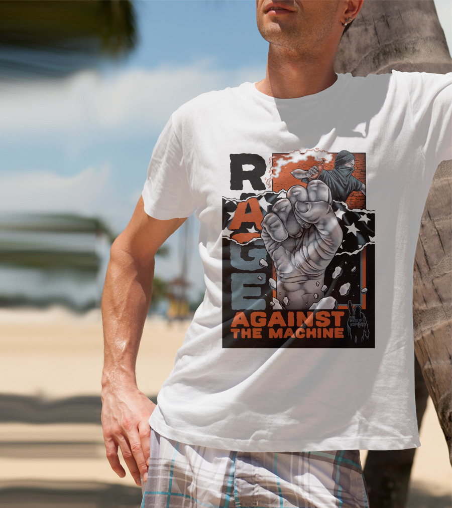 Rage Against The Machine Fist With Star Pattern And Hooded Figure T-Shirt