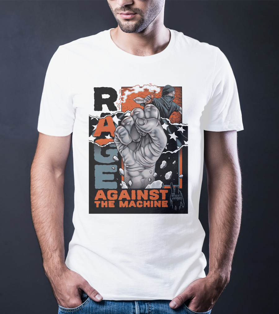 Rage Against The Machine Fist With Star Pattern And Hooded Figure T-Shirt