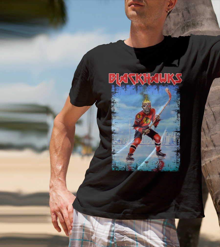 Blackhawks Ice Hockey Skeleton Player With Flaming Head And Hockey Stick T-Shirt