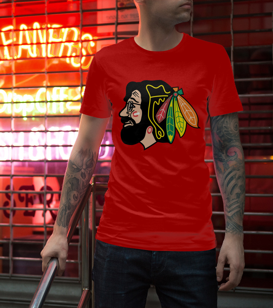 Chicago Blackhawks 1 Portrait With Feathered Headdress On Red T-Shirt