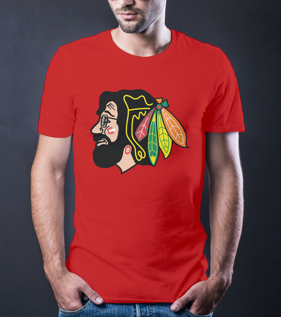 Chicago Blackhawks 1 Portrait With Feathered Headdress On Red T-Shirt