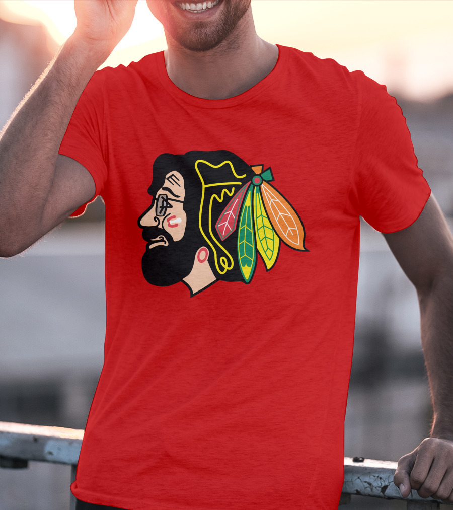 Chicago Blackhawks 1 Portrait With Feathered Headdress On Red T-Shirt