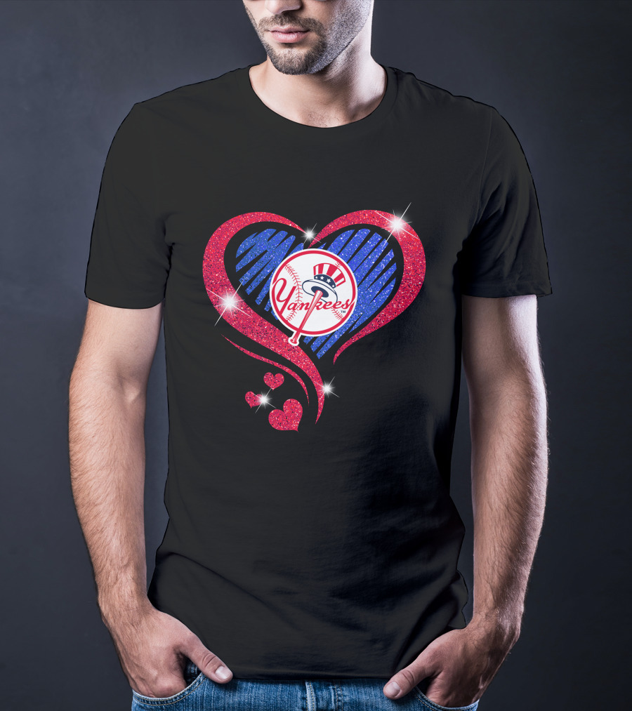 Yankees Shimmering Heart Design With Baseball Logo And Sparkling Red And Blue Elements T-Shirt
