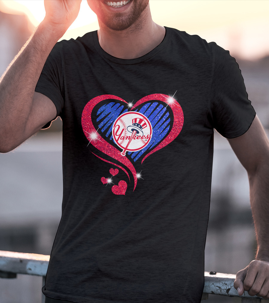 Yankees Shimmering Heart Design With Baseball Logo And Sparkling Red And Blue Elements T-Shirt