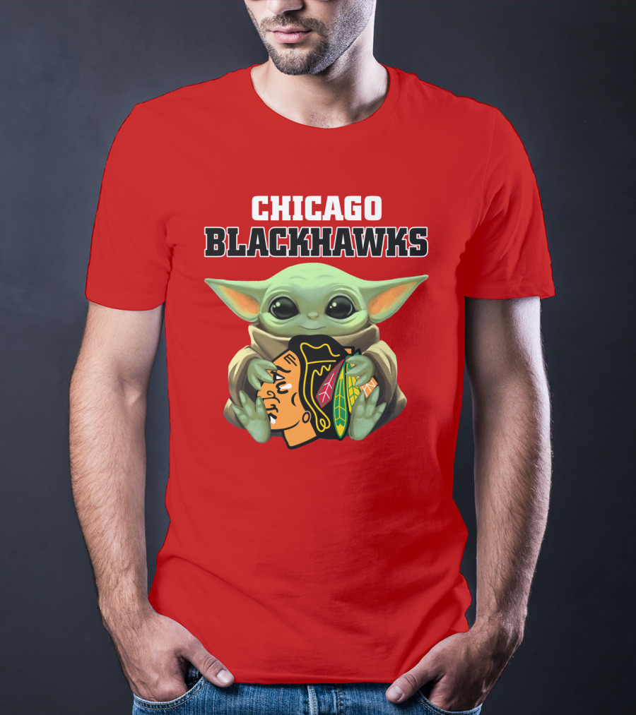 Chicago Blackhawks Baby Yoda Hugging Team T-Shirt