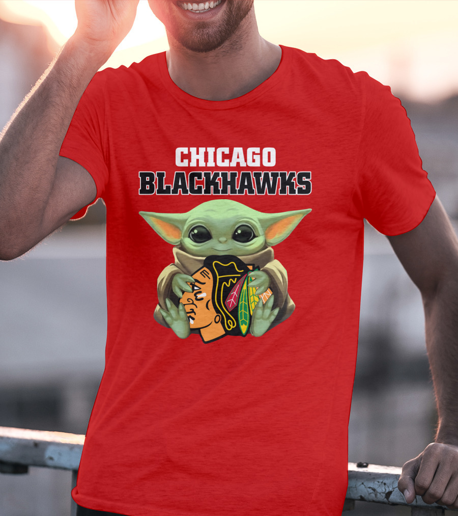 Chicago Blackhawks Baby Yoda Hugging Team T-Shirt