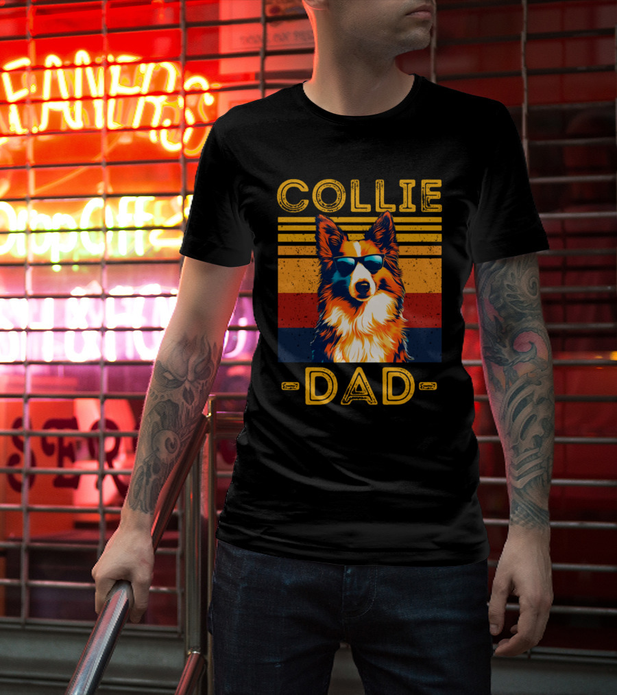 COLLIE DAD Retro Sunglasses Dog Vintage Stripes T-Shirt