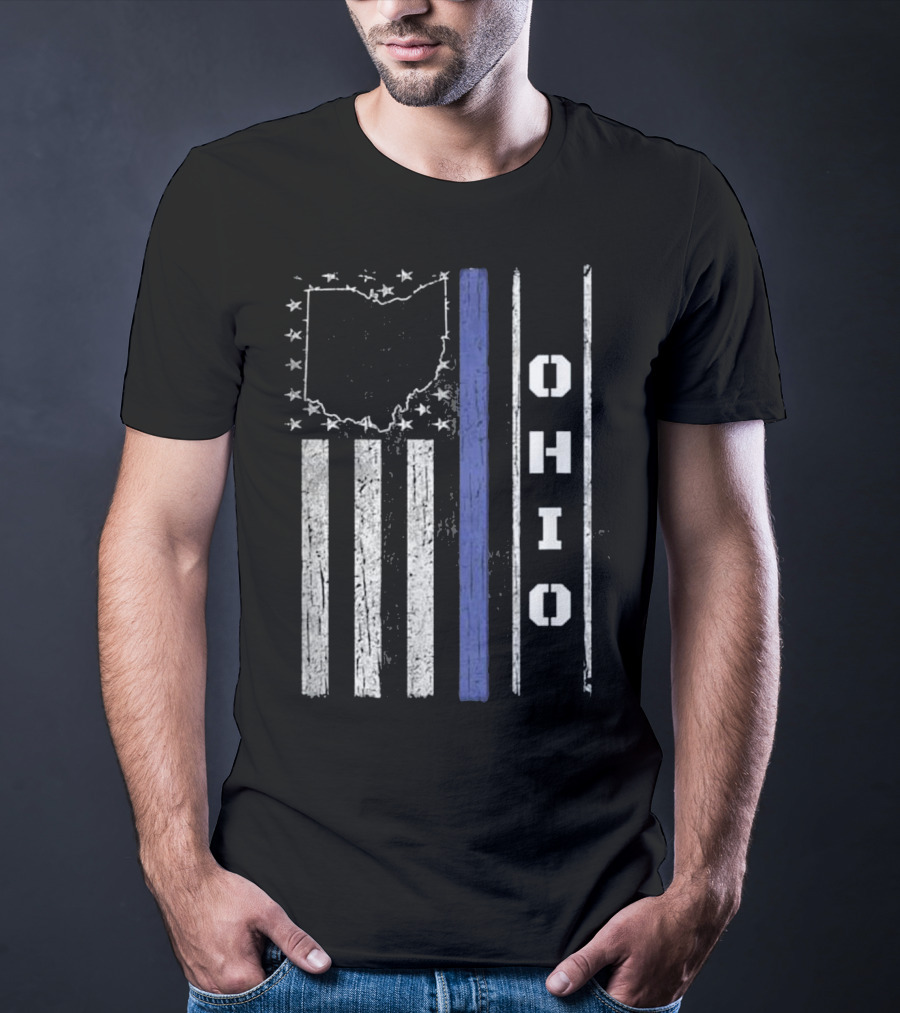 Ohio Thin Blue Line Flag With State Outline And Stars T-Shirt
