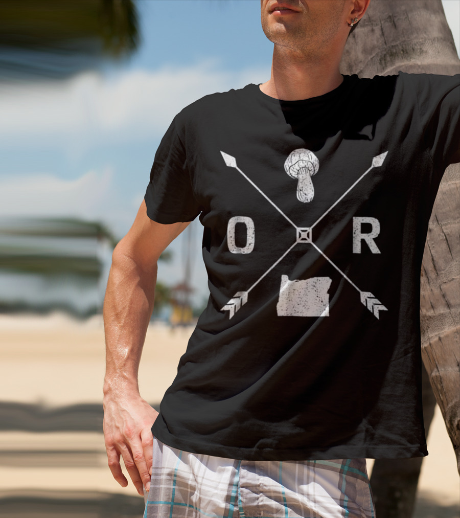 Oregon Morel Mushroom Hunting Graphic Map And Arrow X T-Shirt