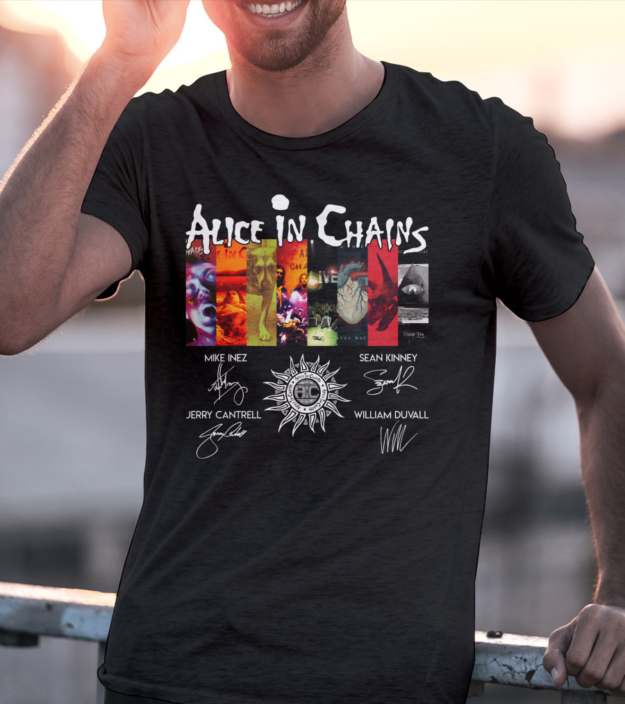 Alice In Chains Album Covers Signatures Mike Inez Sean Kinney Jerry Cantrell William Duvall T-Shirt