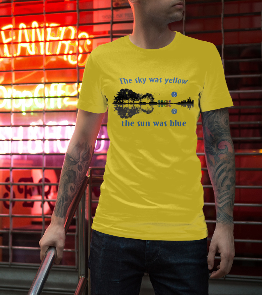 The Sky Was Yellow The Sun Was Blue Reflective Landscape And City Skyline T-Shirt