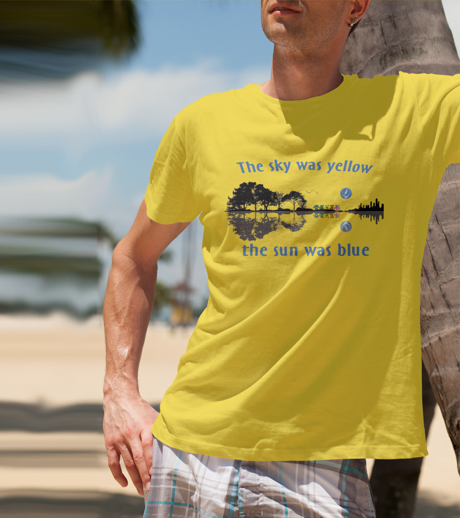 The Sky Was Yellow The Sun Was Blue Reflective Landscape And City Skyline T-Shirt