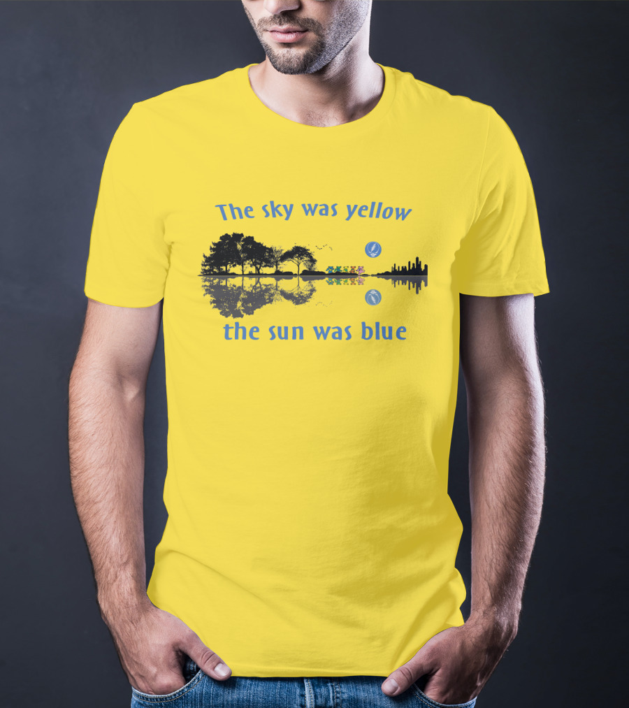 The Sky Was Yellow The Sun Was Blue Reflective Landscape And City Skyline T-Shirt