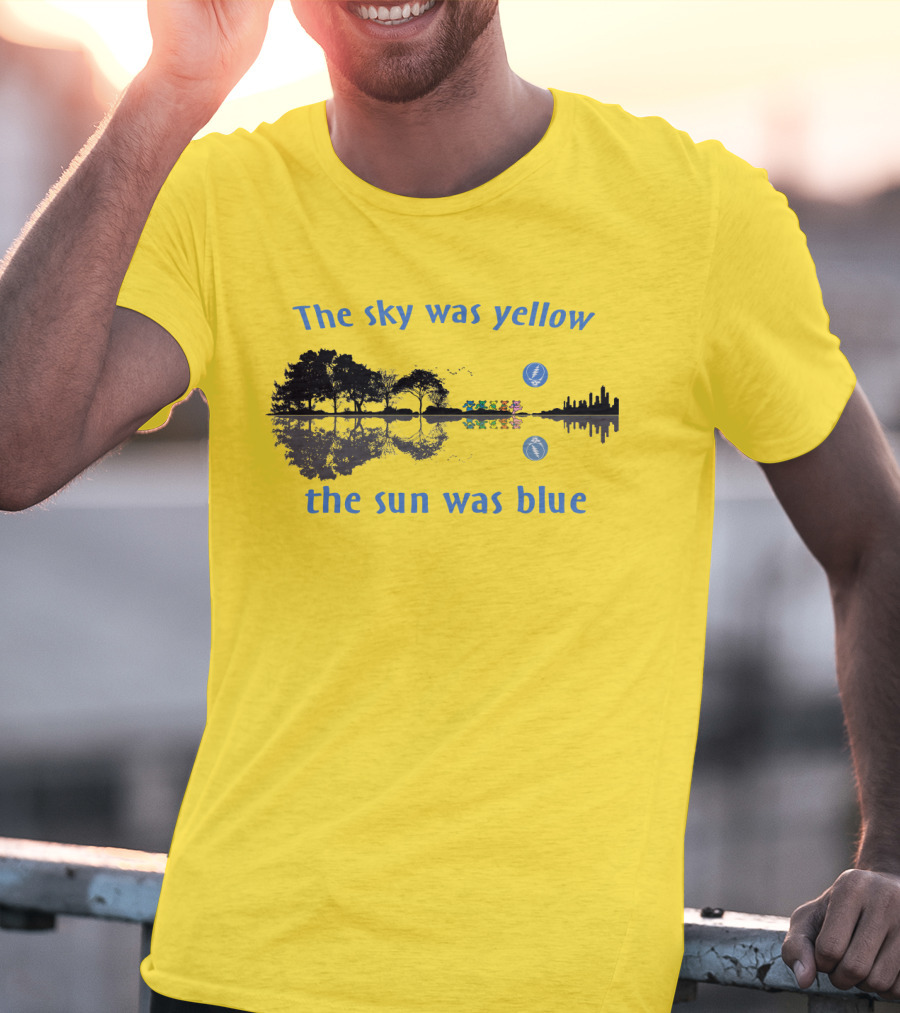 The Sky Was Yellow The Sun Was Blue Reflective Landscape And City Skyline T-Shirt
