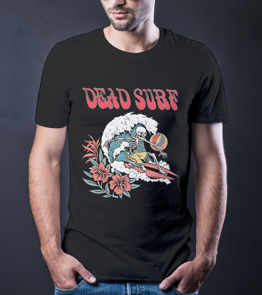 Dead Surf Skeleton Riding Wave With Hibiscus Flowers And Full Moon T-Shirt