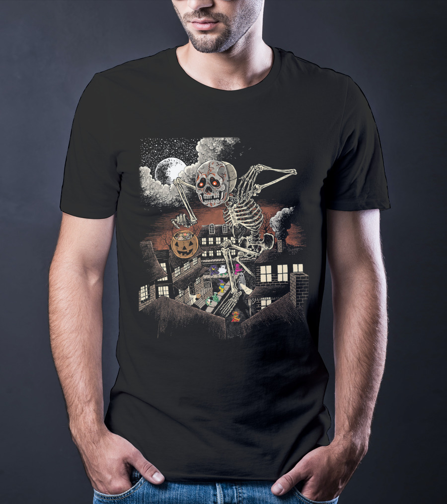 Halloween Skeleton Monster Under Full Moon With Pumpkin Over Houses T-Shirt