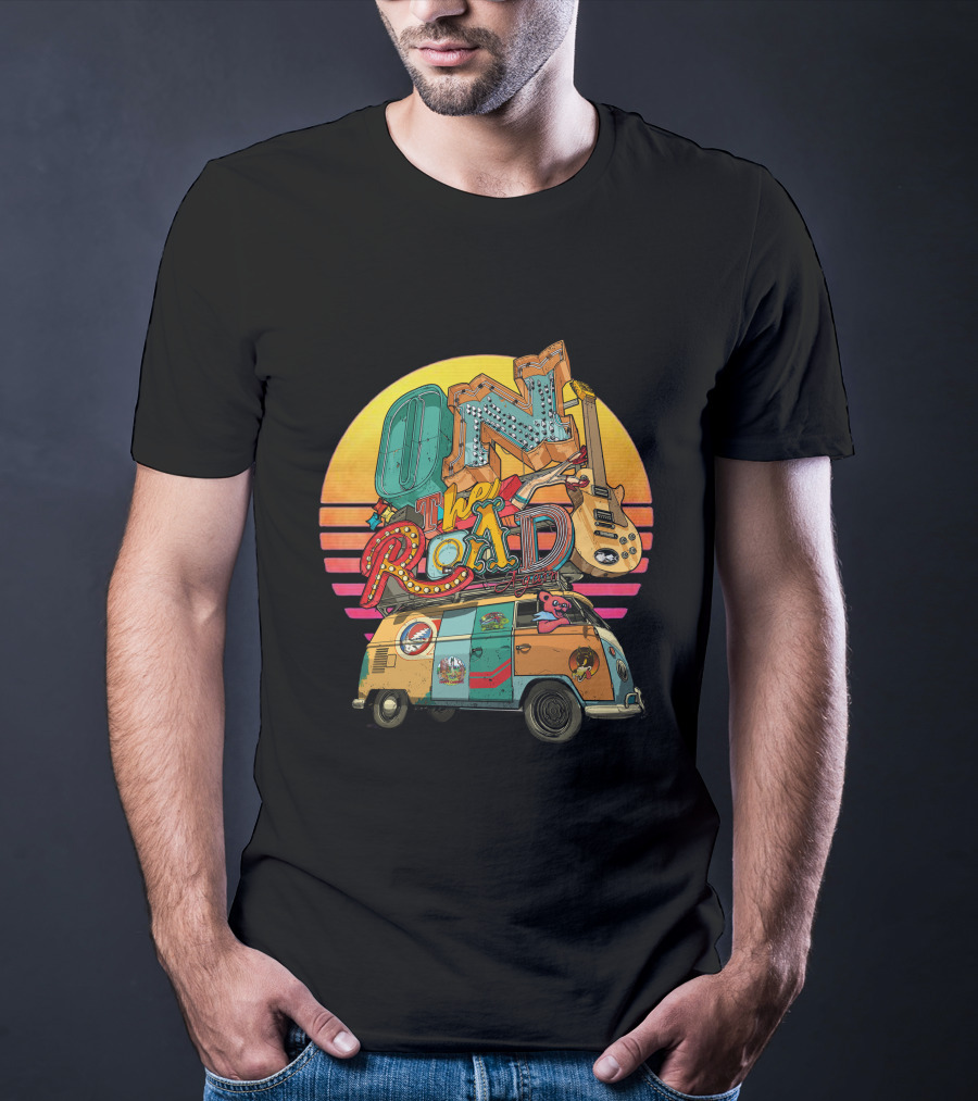 On The Road Retro Sunset Van And Guitar Adventure T-Shirt