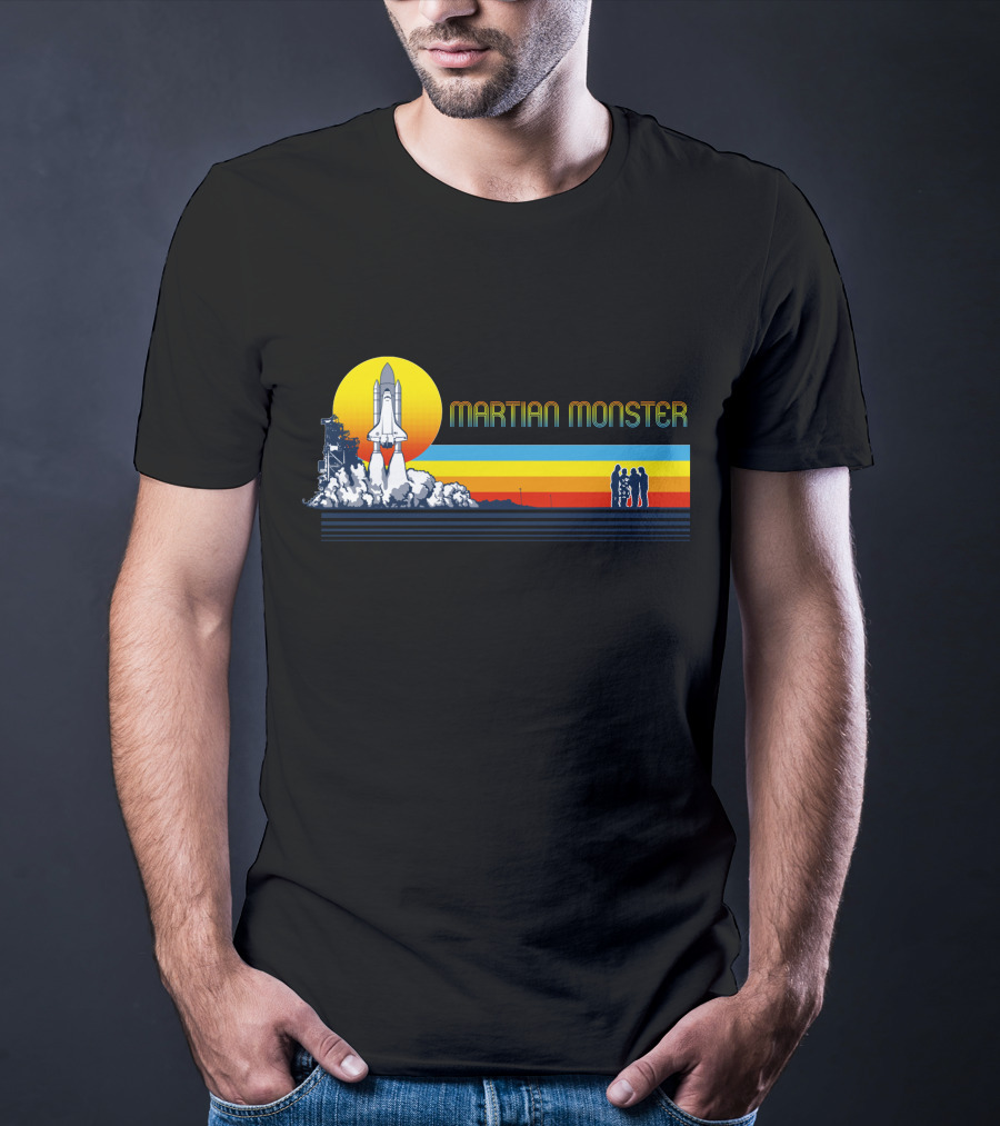Martian Monster Space Shuttle Launch Rocket Silhouette Retro Sunset T-Shirt