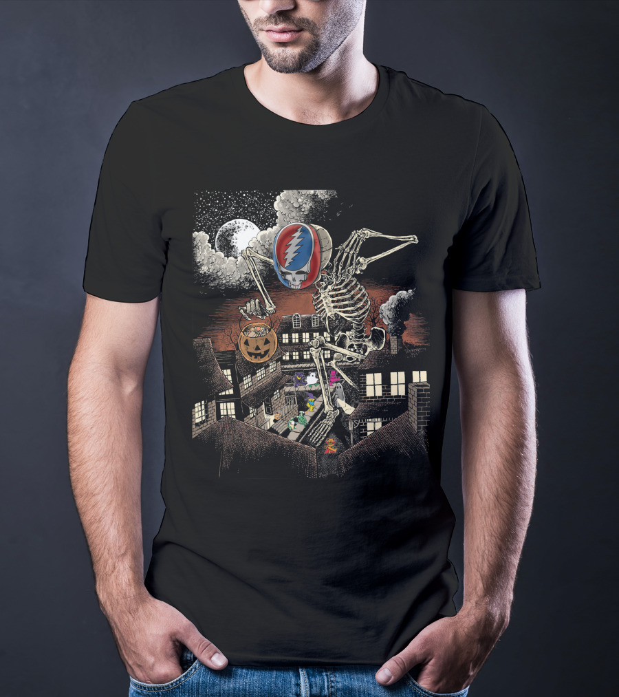 Grateful Dead Halloween Skeleton With Pumpkin And Dancing Bears Under Full Moon T-Shirt