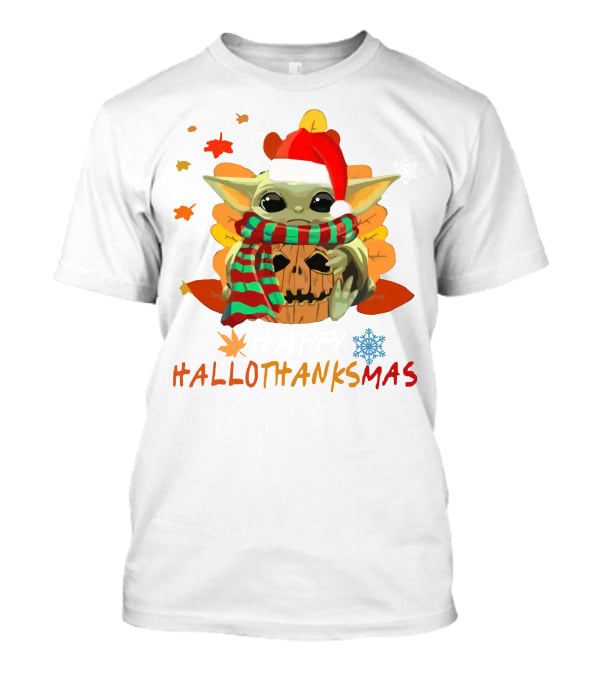 HAPPY HALLOTHANKSMAS BABY YODA PUMPKIN SANTA HAT FALL LEAVES SNOWFLAKE T-Shirt