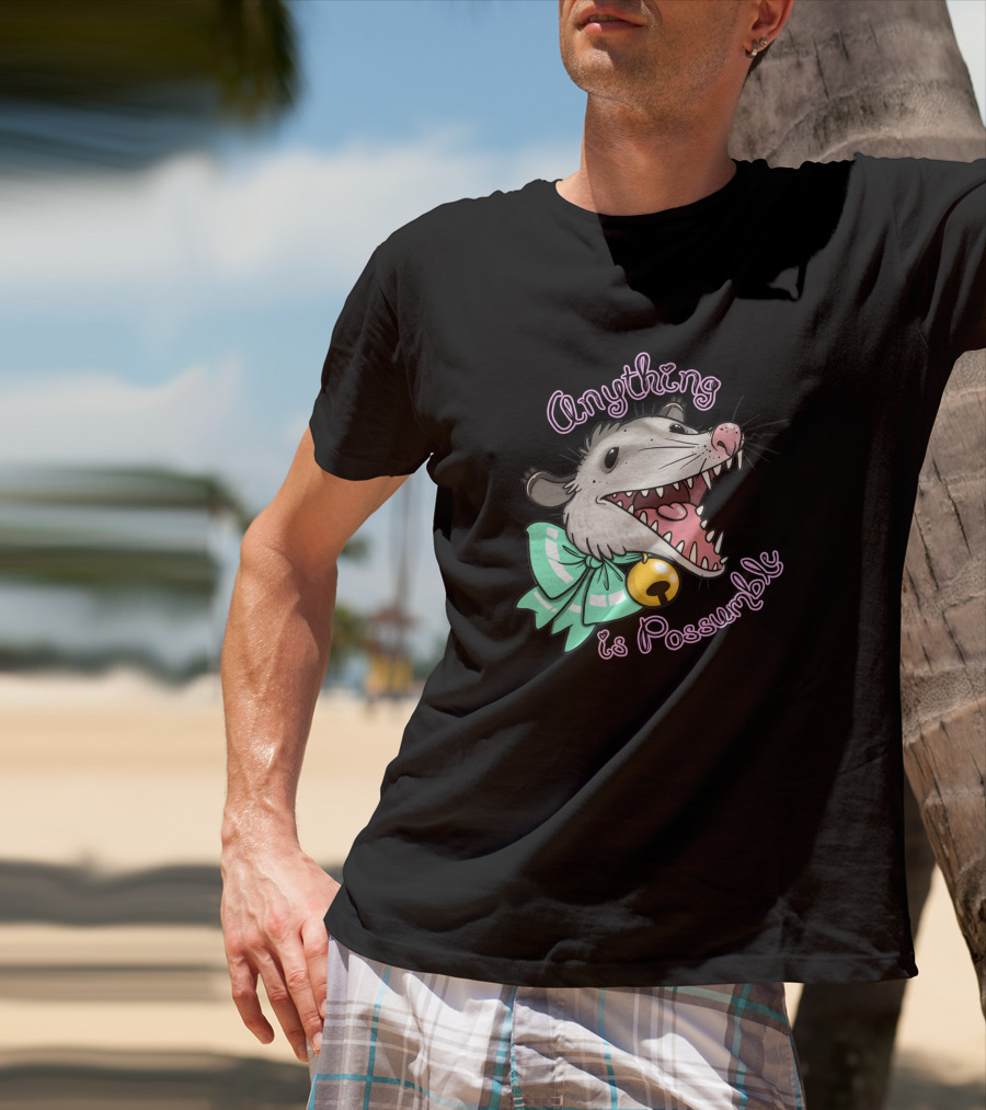 Anything Is Possumble Cute Cartoon Opossum With Bow And Bell T-Shirt