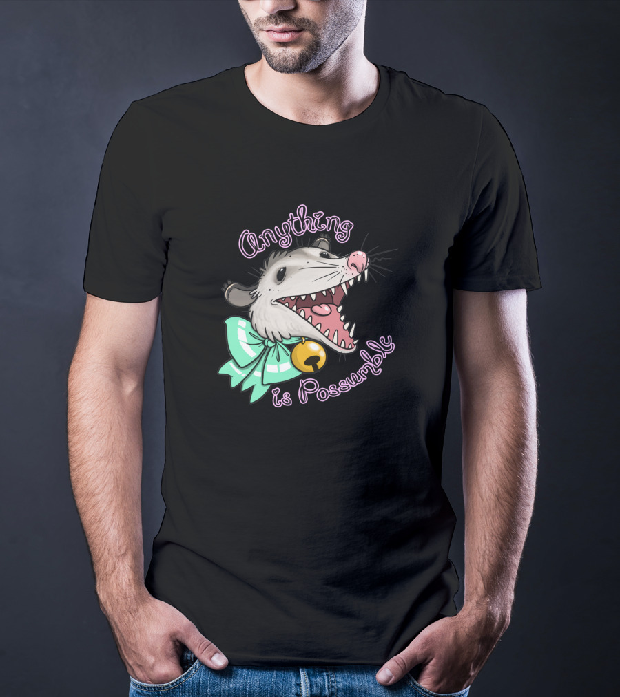 Anything Is Possumble Cute Cartoon Opossum With Bow And Bell T-Shirt