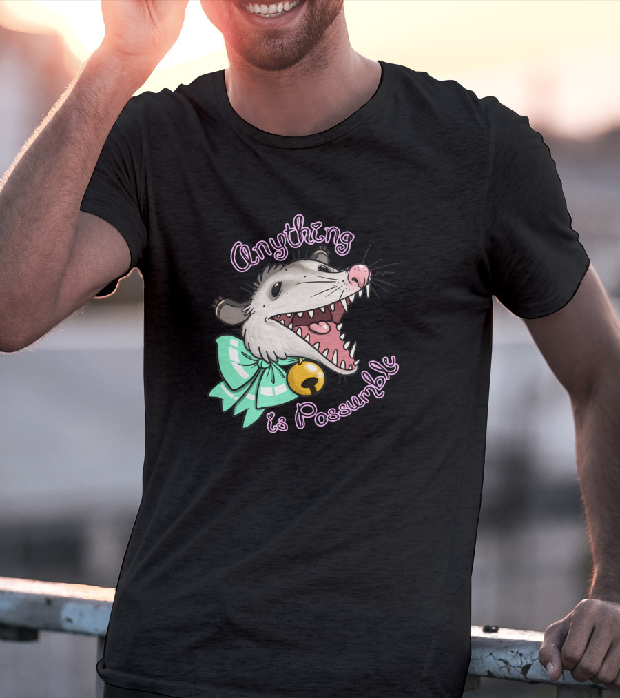 Anything Is Possumble Cute Cartoon Opossum With Bow And Bell T-Shirt