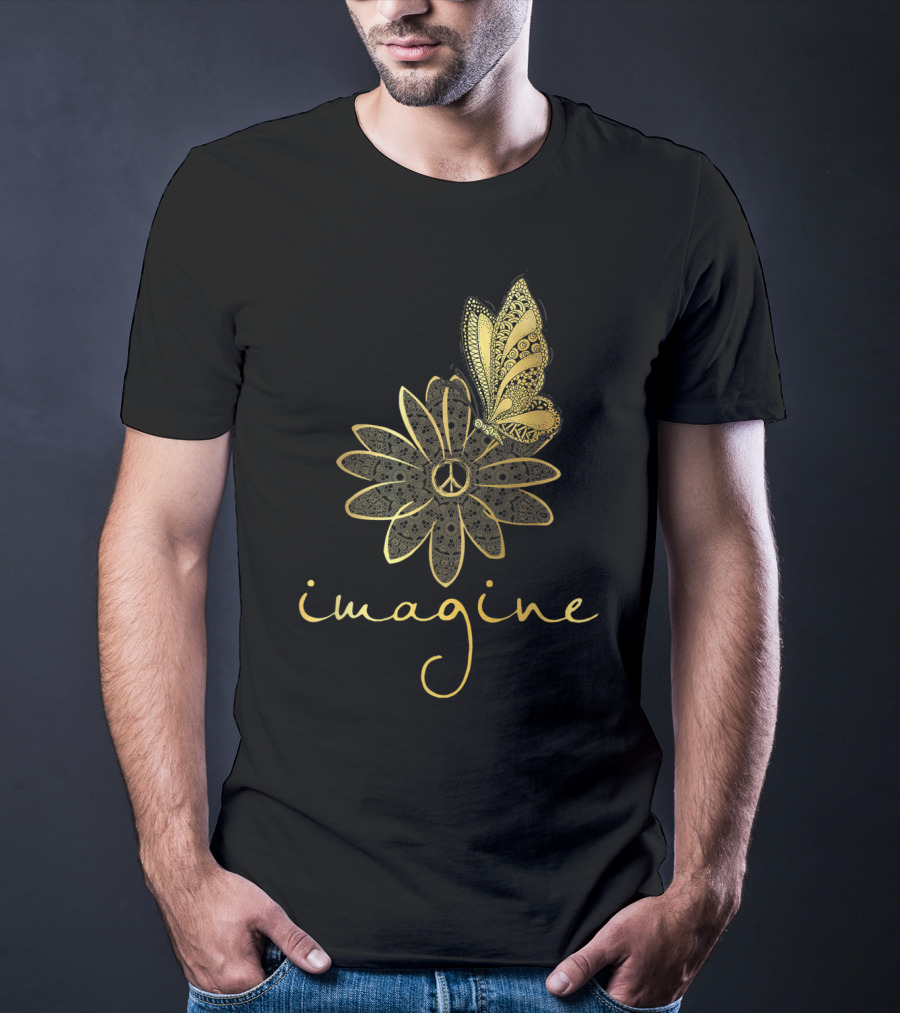 Imagine Flower Butterfly Peace Mandala T-Shirt